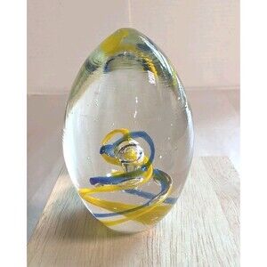 Vintage Art Glass Blue Yellow & Clear Spiraling Helix in Egg Paperweight